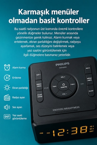 Philips Tar4500/10 Fm Saatli Radyo Çift Alarm Büyük Led Ekran Usb-c Telefon Şarjlı Dijital Çalar Saat