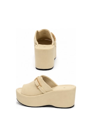 N Napa Shoe Np.9555.bej Saten Napa Shoe Kadın Dolgu Topuk Terlik Tokalı Platform Günlük Rahat Yazlık Terlik Bej