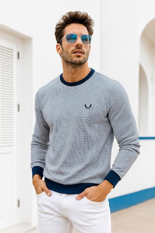 Rich Erkek Lacivert Kare Desenli Bisiklet Yaka Sweatshirt Lacivert