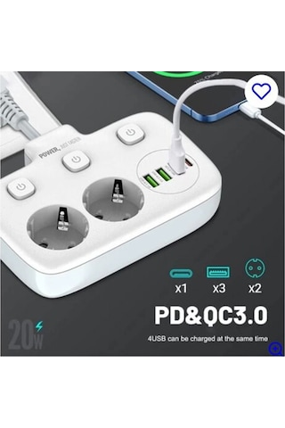 Akım Korumalı 2 Li Ayrı Anahtarlı Priz, 2x Priz, 3x Usb, 1x Type-c, 2 Mt Kablo, Hızlı Şarj Belirtilmemiş