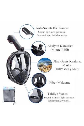 Sm Beden Dalış Maskesi Ekipmanları 360 Derece Full Face Dalış Maskesi Buğu Önleyici Yüzme Gözlüğü Şnorkel Siyah