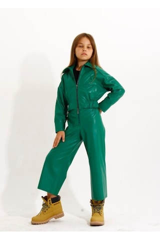 Kız Çocuk Fermuarlı Deri Mont-11210-yeşil