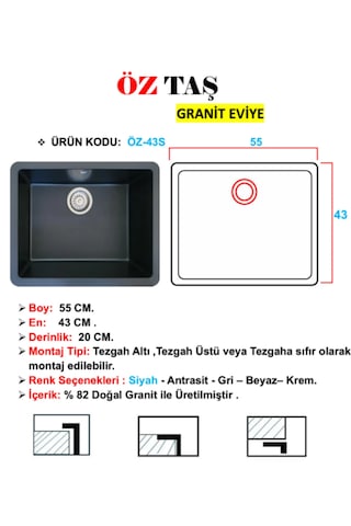 Öztaş ÖZ-43s Granit Mutfak Eviye Siyah Tek Gözlü 43 x 55 CM