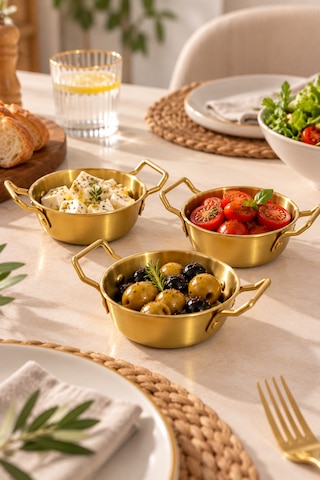 3 Lü Gold Mini Sunumluk Ve Sosluk Seti Çift Kulplu 10x10 Cm Kahvaltılık, Mezelik Ve Sos Kasesi