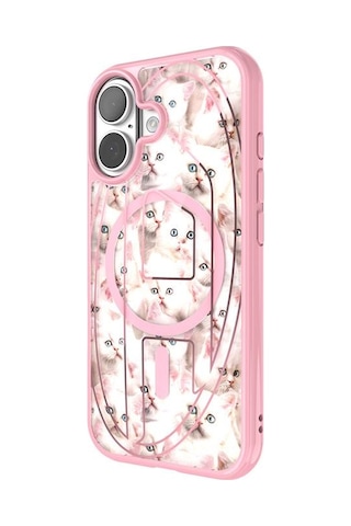 Diesel Apple iPhone 17 Uyumlu Magsafe Destekli Oval D Kedi Desenli Kılıf - Pembe