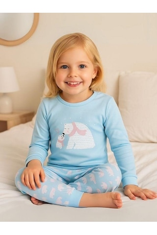 Kız Çocuk Pamuklu Kutup Ayısı Baskılı Pijama Takımı-16020 Turkuaz
