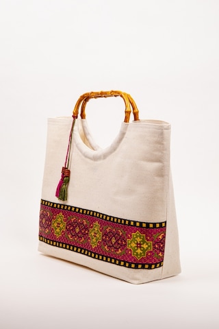 Fabric Craft Bag El Çantası Kanvas Etnik Dokuma Bordürlü Beyaz