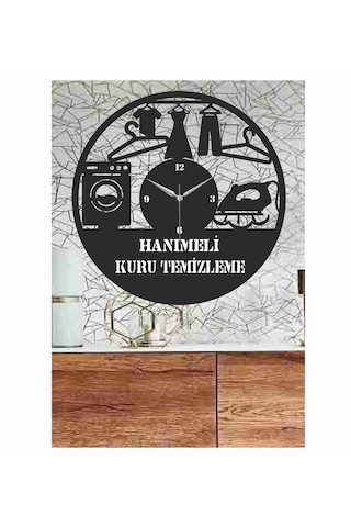 Kuru Temizleme Temalı Ahşap Duvar Saati 50 Cm Siyah