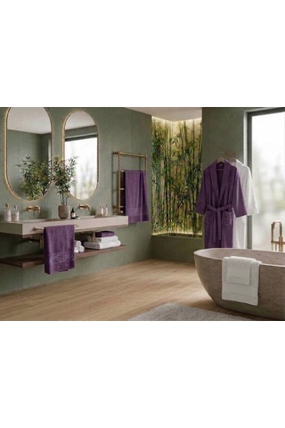 Yünteks Binnur Bamboo 8 Parça Aile Bornoz Takımı / %100 Pamuk / Aile Seti / Çeyizlik / Günlük / Modern / 1.kalite Beyaz - Lila