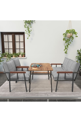 Mygusi Modern Balkon, Bahçe, Cafe - Metal Kanepe Koltuk Takımı - 2+1+1 Masa Açıkgri Açık Gri