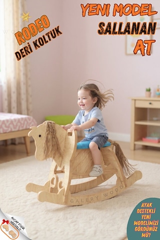 Ahşap Sallanan At-deri Koltuklu-ayak Destekli- Yeni Model -mavi