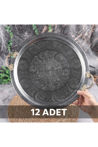 430 Kalite Krom Çelik Kulplu 12 Adet Tepsi 35 Cm Fırına Uygun, Osmanlı Motifli, Kebap & Restoran Sunum Tepsisi Gri