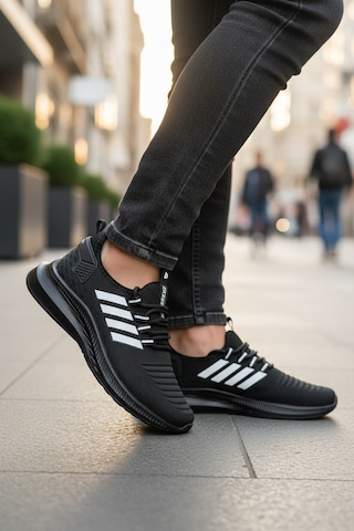 Enoch Ortopedik Ultra Hafif Şeritli Fileli Çoraplı Sneaker Spor Ayakkabı Siyah