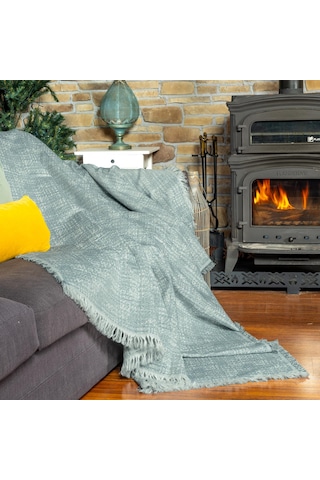 Purecot Premium Pamuklu Püsküllü Koltuk Örtüsü 180x300 Large Çift Taraflı Terletmez Kaymaz , Mavi Mavi