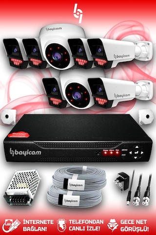Bayicam 8 Kameralı Süper 2 İç Kamera Set HDD'siz 5 MP 2K Net Gece Görüşlü Güvenlik Kamerası Sistemi