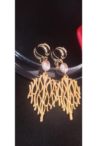 24k Altın Kaplama Gerçek Somon İnci Sallantılı Trend Tasarım Küpe Somon