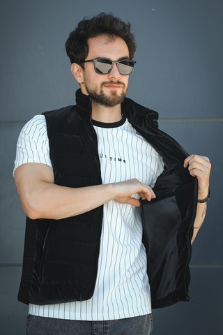 Lordy Örgü Detaylı Cepli Dik Yaka Nova Parlak Kumaş Erkek Şişme Yelek Siyah