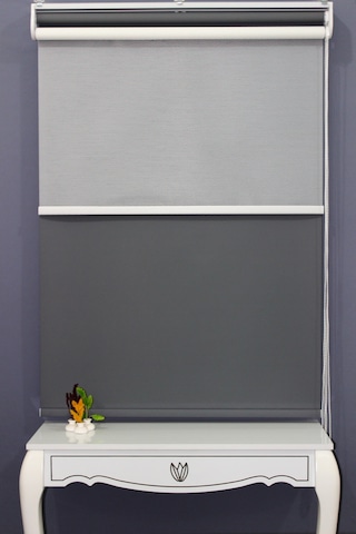 Çift Mekanizmalı Çizgili Tül & Mat Gri Stor Perde % 90 Işıgı Kesm