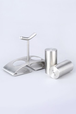 Mat Çelik 3 Parça Tuz Karabiber Standlı Baharatlık Set Cin971 Gri