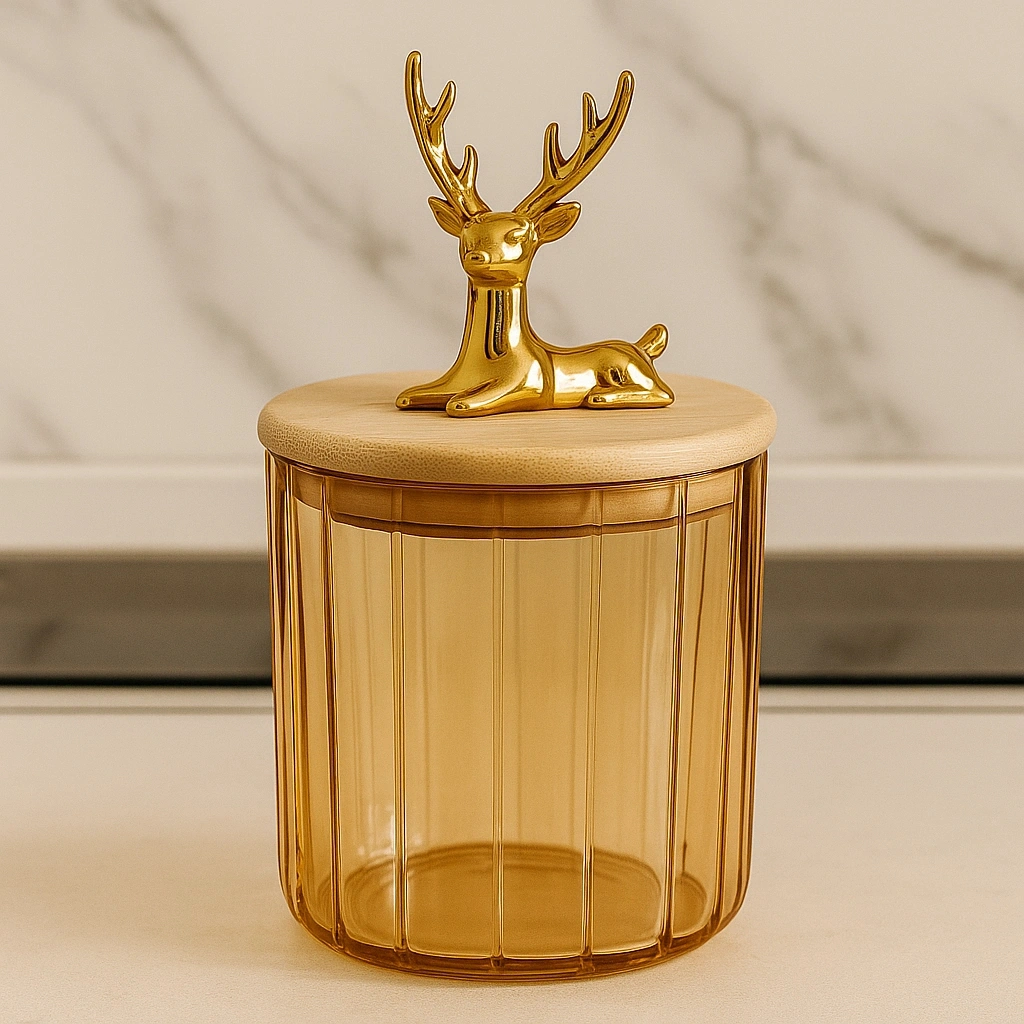 Gold Kapaklı Kristal Cam Kavanoz Geyik Figürlü 17x10 Gold