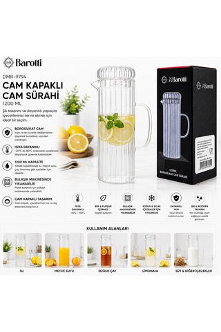 Diyarı Fırsat Barotti 1200 Ml Borosilikat Su Sürahisi Cam Kapak 12'li Paket