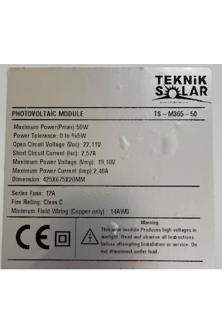 Tekniksolar Güneş Paneli 12 Volt 50 W Mono Kristal 42.5x67.5 Cm