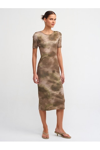 Dilvin Bisiklet Yaka Kısa Kol Baskılı Triko Elbise Haki