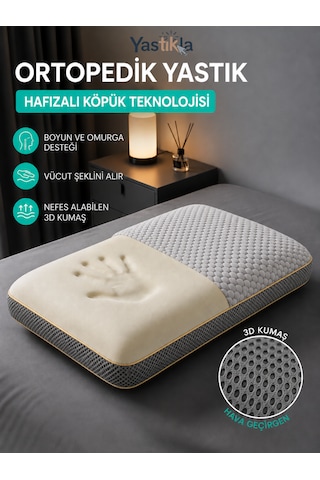 Nefes Alabilen 3d Kumaşlı Boyun Destekli Ortopedik Hafızalı Visco Sabun Yastık 60x40x14 Cm Beyaz - Antrasit