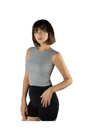 Terapi Men Gri Fitted/vücuda Oturan Crop Halter Yaka Fitilli Esnek Örme Bluz Atlet Gri