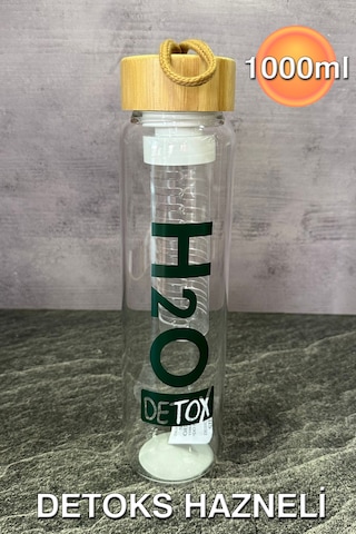 H2o  Bambu Kapaklı Borosilikat Cam Matara - 1lt Şeffaf