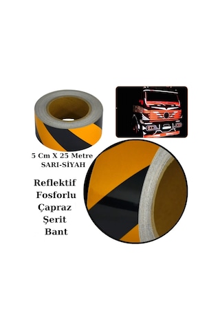 Reflektif Fosforlu Çapraz Şerit Bant 5 Cm x 25 Metre Sarı Siyah İkaz Bandı GLZ03902756