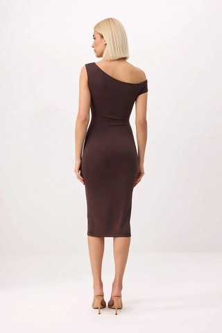 Benerly Kadın Asimetrik Yaka Düşük Kol Bodycon Midi Elbise Silky İnterlok Kahverengi