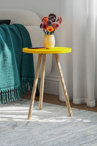 İntergo Yuvarlak Ahşap Ayaklı Tekli Zigon Yan Sehpa Sarı