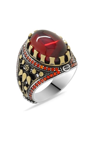Kırmızı Zirkon Taşlı Oval Tasarım 925 Ayar Gümüş Erkek Yüzük (425077355)