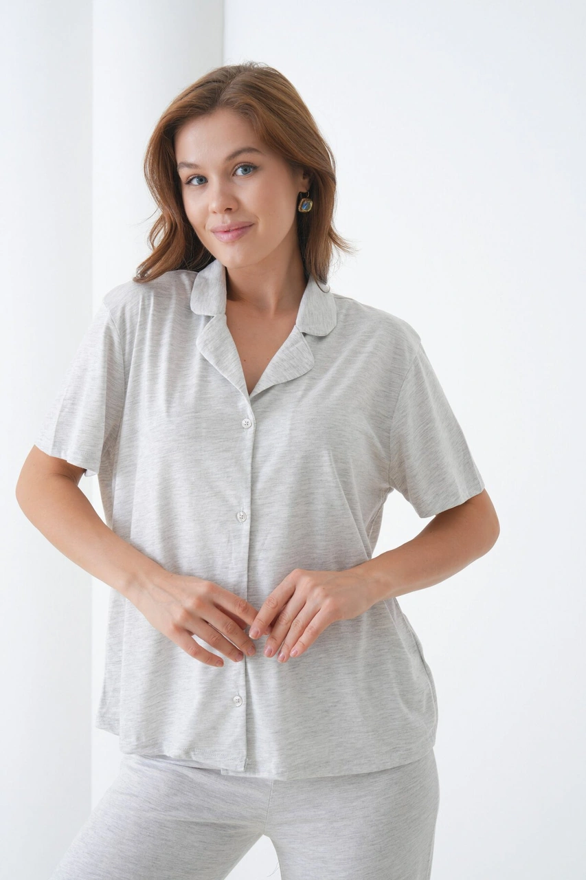 Kadın Pamuk Gömlek Kapri Şık Casual Curve Alt Üst Gecelik Takımı Antrasit