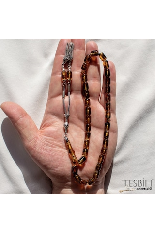 Fosilli Damla Kehribar Tesbih 925 Ayar Gümüş Püsküllü N11.5369
