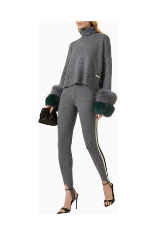Izaak Azanei Cropped Polo Sweater, Şık Ve Lüks Kadın Yün - Kaşmir Kazak, Kürk Detaylı Gri