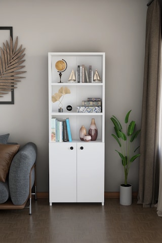 Kapaklı Çok Amaçlı Salon Dolabı 150x50x22 Cm Raflı Kitaplık Dekoratif Depolama Ünitesi Beyaz