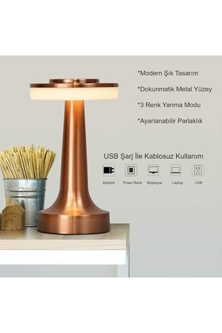 Retro Şarjlı Dekoratif Dokunmatik Metal Masa Lambası 3 Renk Mod Dim Edilebilir Çok Renkli