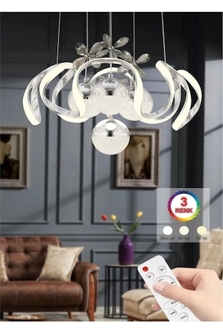 Kumandalı 3 Renk Işık Özellikli 4 Toplu Modern Krom Kaplama Sarkıt Led Avize Salon Avize Krom