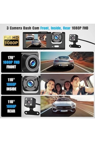 Full Hd 1080p Üç Kameralı Araç Içi Kamera Araba Güvenlik Kamerası Gece Görüşü Ön Geri İç Kayıt Ir Led
