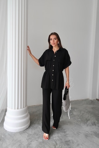 Keten Belden Büzgü Detaylı Gömlek - Pantolon Takım - Siyah Siyah