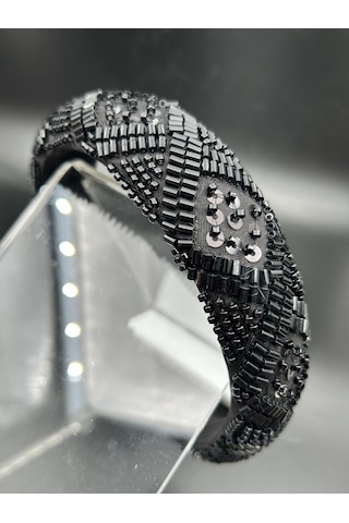 El İşlemeli Siyah Pullu Renk Parlak Motif İşleme Abiye Nişan Davet Kadın Saç Tacı Siyah