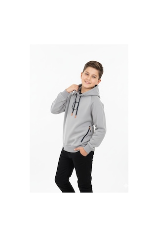 Kapüşonlu Fermuarlı Cepli Erkek Çocuk Sweatshirt-90915 Gri