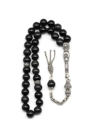 Obsidyen Doğal Taş Tesbih 925 Ayar Gümüş 8 Mm Küre Kesim 50162096