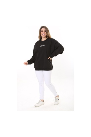 Kadın Büyük Beden Siyah Pamuk Kumaş Nakış Yazılı Sweatshirt 65n37616-siyah Siyah