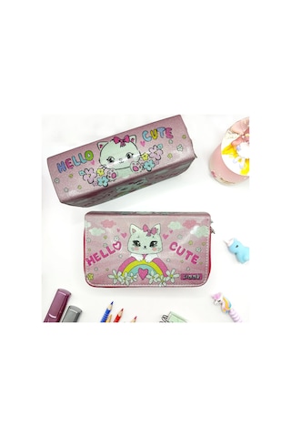 Simli Işıltılı Kitty Hello Cute Kalem Kutusu Vegan Deri Kalemkutu Üç Bölmeli Kalemlik -pembe