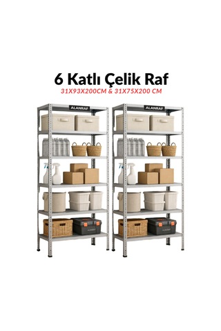 Çelik Raf 6 Katlı 2'li 31x75x200 & 31x93x200cm Raf Sistemi, Depo Rafı, Arşiv Rafı, Kiler Rafı, Çok Amaçlı Raf Gri