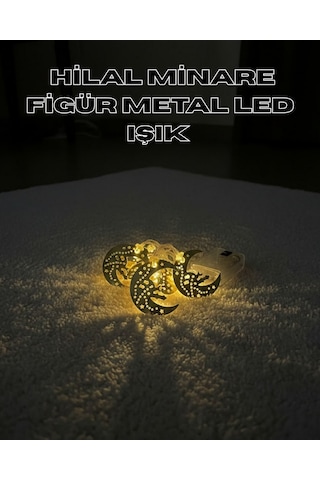 Muratech Gold Renk Metal Minareli Hilal Led Işık Pilli Ramazan Süsü Pilli Led Işık