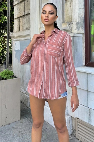 Kadın Gül Kurusu Çizgili Desenli, Uzun Kollu, Rahat Kesim, Dokulu Kumaş Gömlek GÜL KURUSU